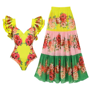 Assorted Ruffled Tummy Control One Piece Swimwear and Skirt