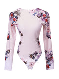 Floral Printed Long Sleeve Half Zipper Surfing Swimsuit