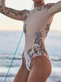 Floral Printed Long Sleeve Half Zipper Surfing Swimsuit