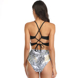 Women Leaves Print Tie Up High Waist Bikini Swimwear