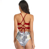Women Leaves Print Tie Up High Waist Bikini Swimwear