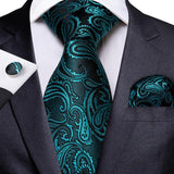 Teal Green Solid Paisley Silk Tie Set