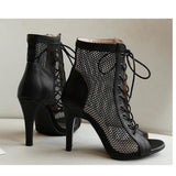Fish Mouth Dance High Heels Mesh Boots
