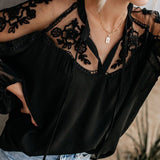 Women's V-Neck Casual Lace Mesh Stitching Lantern Sleeve Blouse