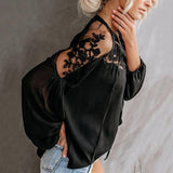 Women's V-Neck Casual Lace Mesh Stitching Lantern Sleeve Blouse