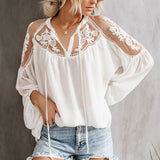 Women's V-Neck Casual Lace Mesh Stitching Lantern Sleeve Blouse