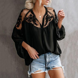Women's V-Neck Casual Lace Mesh Stitching Lantern Sleeve Blouse