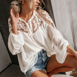 Women's V-Neck Casual Lace Mesh Stitching Lantern Sleeve Blouse