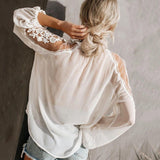 Women's V-Neck Casual Lace Mesh Stitching Lantern Sleeve Blouse
