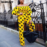 Women Streetwear Slash Neck Polka Dot Puff Sleeve Two Piece Sets