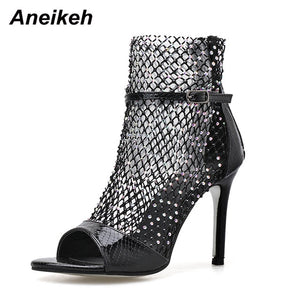 Women's Gold Glitter Rhinestone Mesh Ankle Peep-toe High Heels Booties