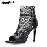 Women's Gold Glitter Rhinestone Mesh Ankle Peep-toe High Heels Booties