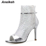 Women's Gold Glitter Rhinestone Mesh Ankle Peep-toe High Heels Booties