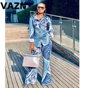 Women Turn-down Collar  Long Sleeve Long Pant 2 Peice Set