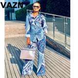 Women Turn-down Collar  Long Sleeve Long Pant 2 Peice Set
