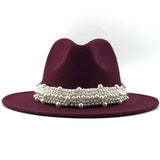 Unisex PU Leather Pearl Ribbon Felt Hat
