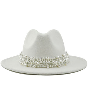 Unisex PU Leather Pearl Ribbon Felt Hat