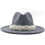 Unisex PU Leather Pearl Ribbon Felt Hat