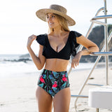 Sexy Flounce Floral V-neck High Waist Ruffled Bikini Set