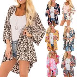 Women Floral Leopard Print Half Sleeve Shawl Chiffon Kimono