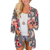 Women Floral Leopard Print Half Sleeve Shawl Chiffon Kimono