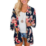 Women Floral Leopard Print Half Sleeve Shawl Chiffon Kimono