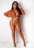 Women Turn-down Collar  Long Sleeve Long Pant 2 Peice Set