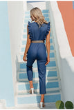 Women Simple Ruffle Blue Denim V-neck High Waist Jumpsuit