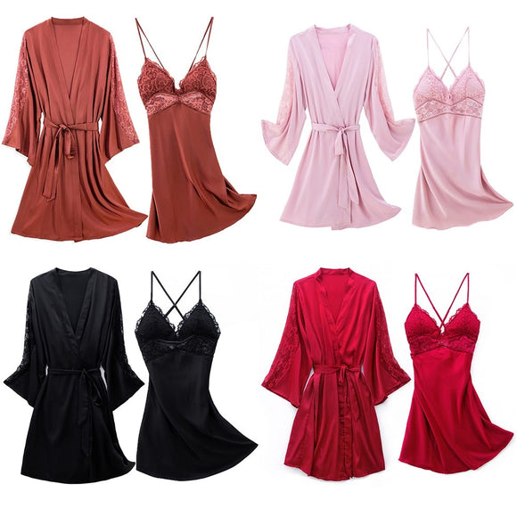 Women Sexy Soft Perspective Sleepwear Robe Set