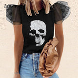 Women Skull Print O Neck Puff Sleeve Shirt