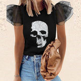 Women Skull Print O Neck Puff Sleeve Shirt
