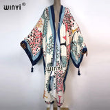 Boho Print Self Belted Front Open Long Kimono