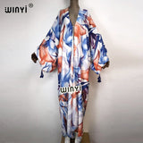 Boho Print Self Belted Front Open Long Kimono