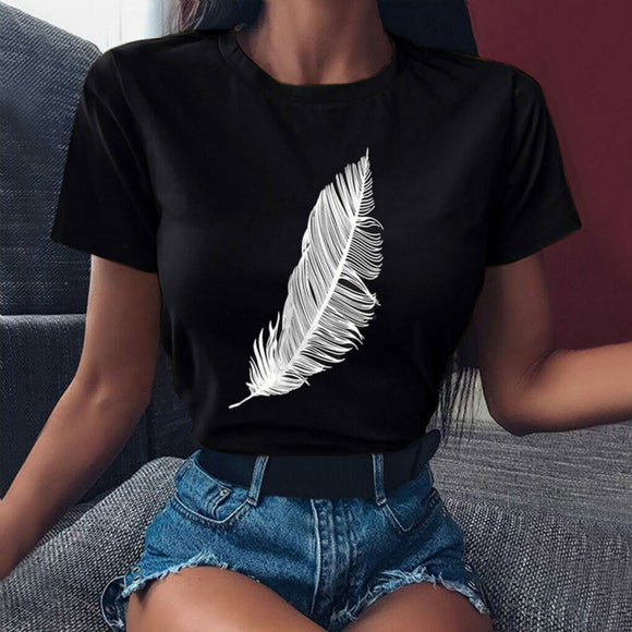 Women Casual Feather Print Fashion T-shirt