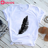 Women Casual Feather Print Fashion T-shirt