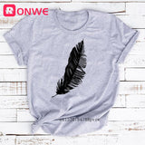 Women Casual Feather Print Fashion T-shirt