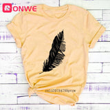 Women Casual Feather Print Fashion T-shirt