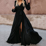Women Black Sexy Deep V Neck Maxi Dress