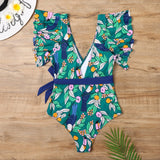 Floral Leaf Sexy Ruffle  One Piece Swimsuit
