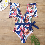 Floral Leaf Sexy Ruffle  One Piece Swimsuit