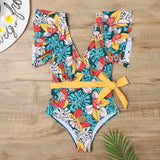 Floral Leaf Sexy Ruffle  One Piece Swimsuit