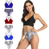 Women Leaves Print Tie Up High Waist Bikini Swimwear