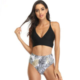 Women Leaves Print Tie Up High Waist Bikini Swimwear