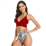 Women Leaves Print Tie Up High Waist Bikini Swimwear