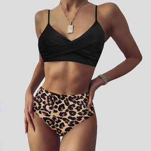 Black Leopard Lace Up Two Pieces Swimwear