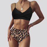 Black Leopard Lace Up Two Pieces Swimwear