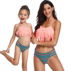 Mommy And Me Solid Top Print Bottom Bikini Two-Piece Set