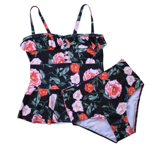 Women Plus Size Floral Print Strappy Back Tankini Two Piece Swimsuits