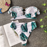 Women Floral Print Ruffle Bandeau High Waist Bow Bikinis Swimsuit