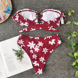 Women Floral Print Ruffle Bandeau High Waist Bow Bikinis Swimsuit